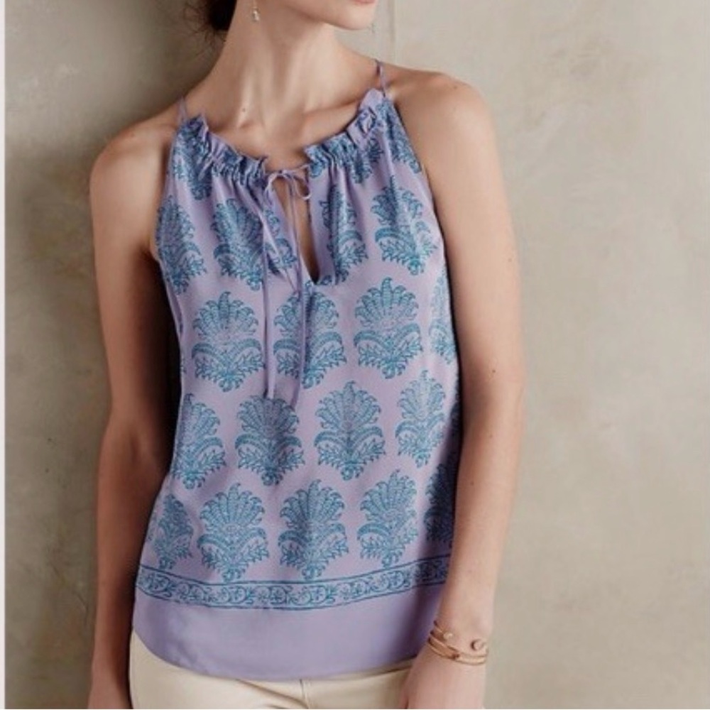 💜 ANTHROPOLOGIE x HD in Paris 100% Silk Panorama Tank – Lilac/Teal Boho Print